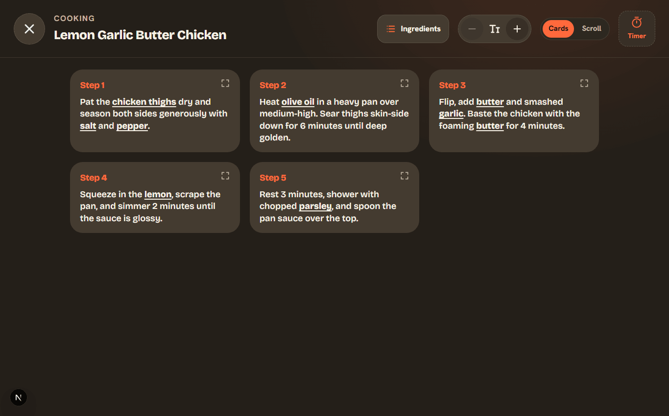 Large-type cooking mode with built-in timers