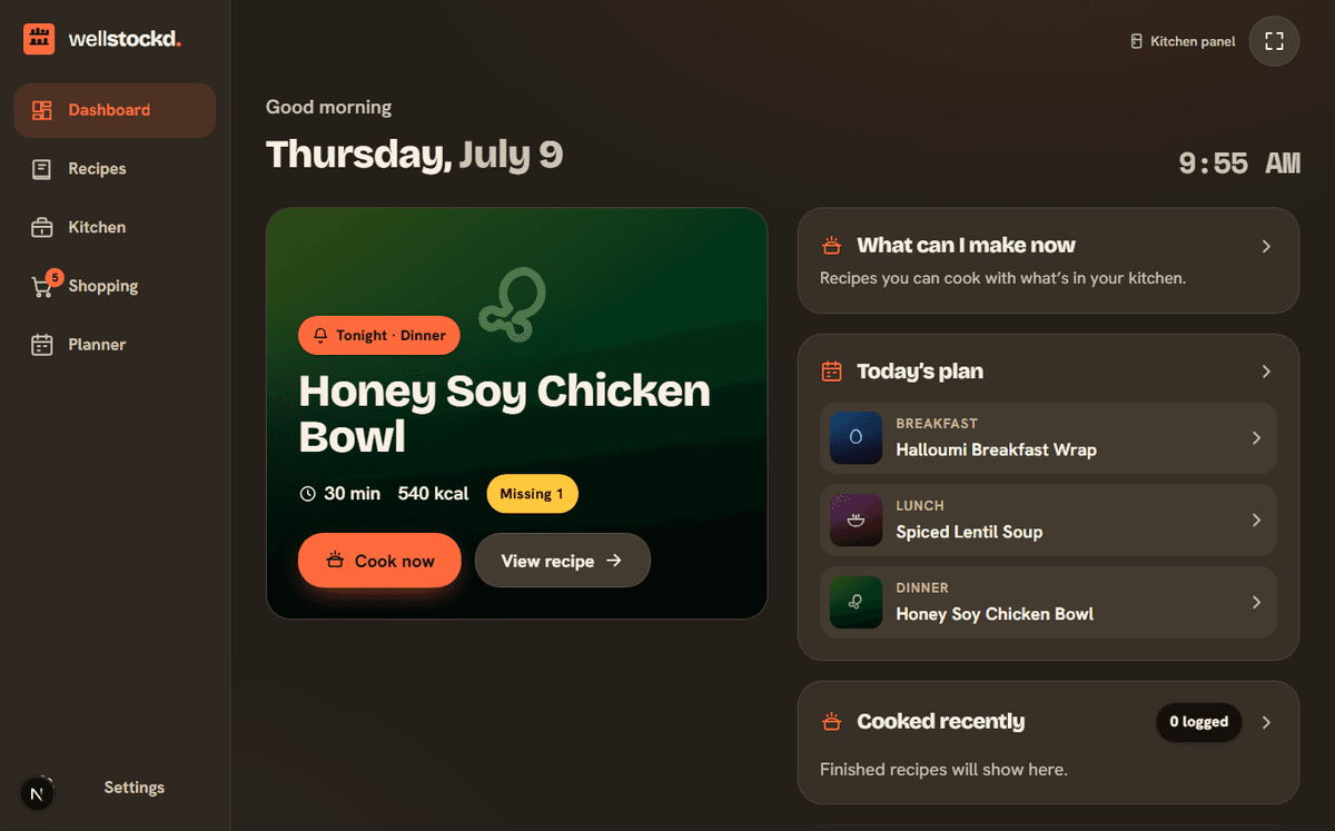 Well Stockd dashboard showing recipes available from the kitchen inventory
