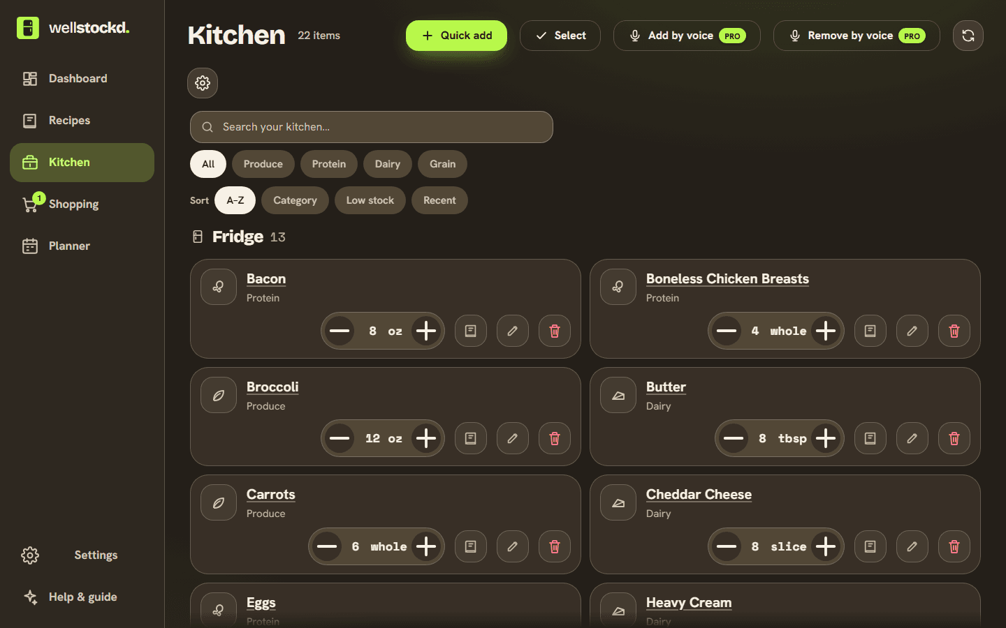 Kitchen inventory grouped and ready to edit