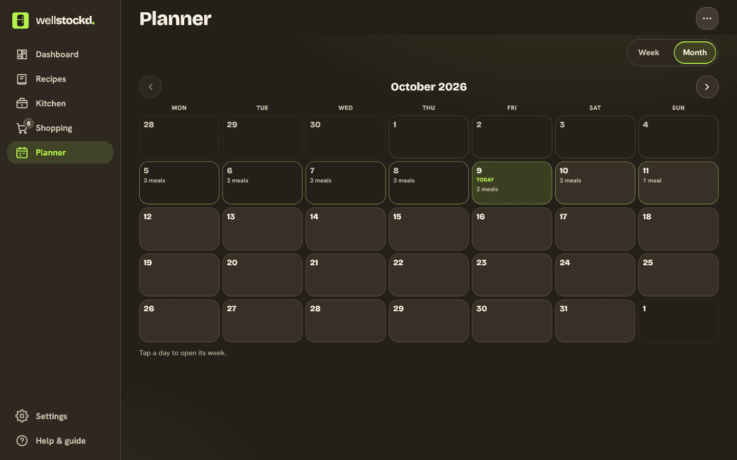Month view of the meal planner, with the number of meals planned on each day of the current week