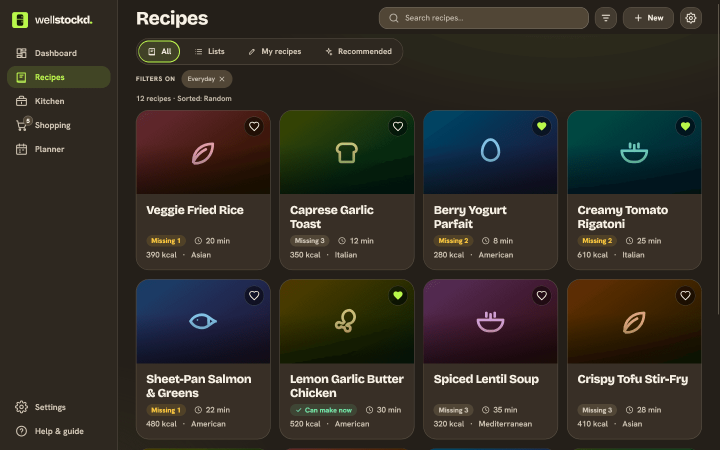 Recipe grid with a badge on each recipe showing how many items are missing, and Can make now where nothing is