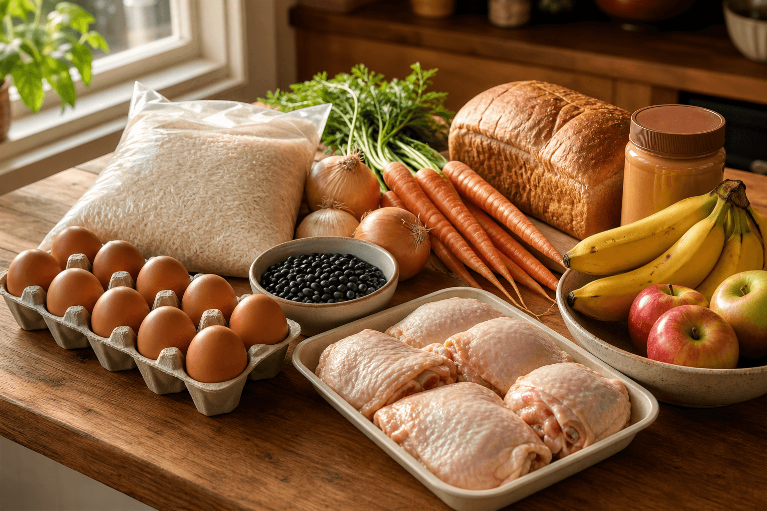 Grocery staples for a $100 a week family meal plan, including eggs, rice, dried beans, chicken thighs, and vegetables laid out on a kitchen counter