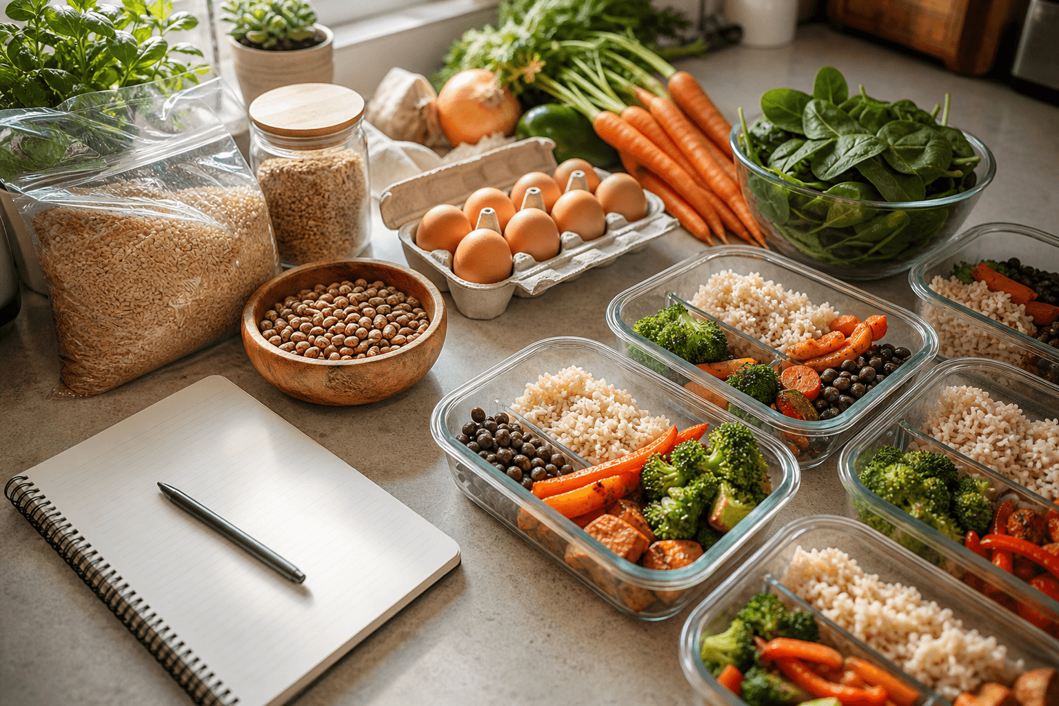 Overhead view of budget grocery staples and a handwritten grocery list on a kitchen counter, including rice, dried beans, eggs, and fresh vegetables for a two-week meal plan