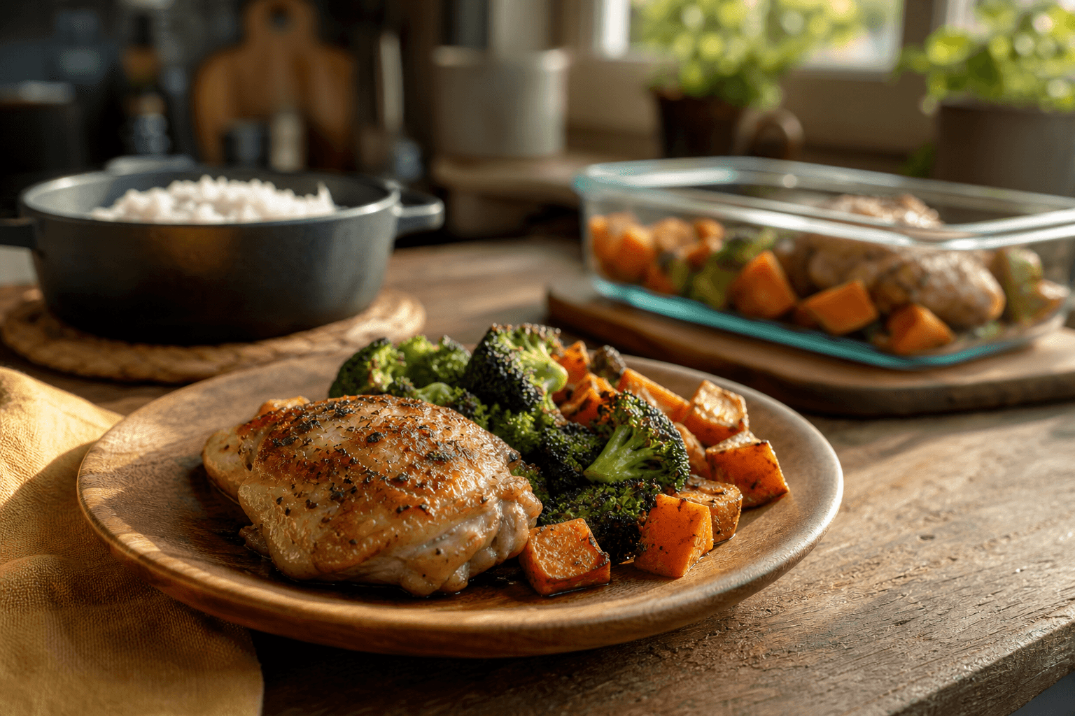 A single-serving dinner of roasted chicken thighs, broccoli, and sweet potato plated on a kitchen table, part of a 7-day meal plan for one person.