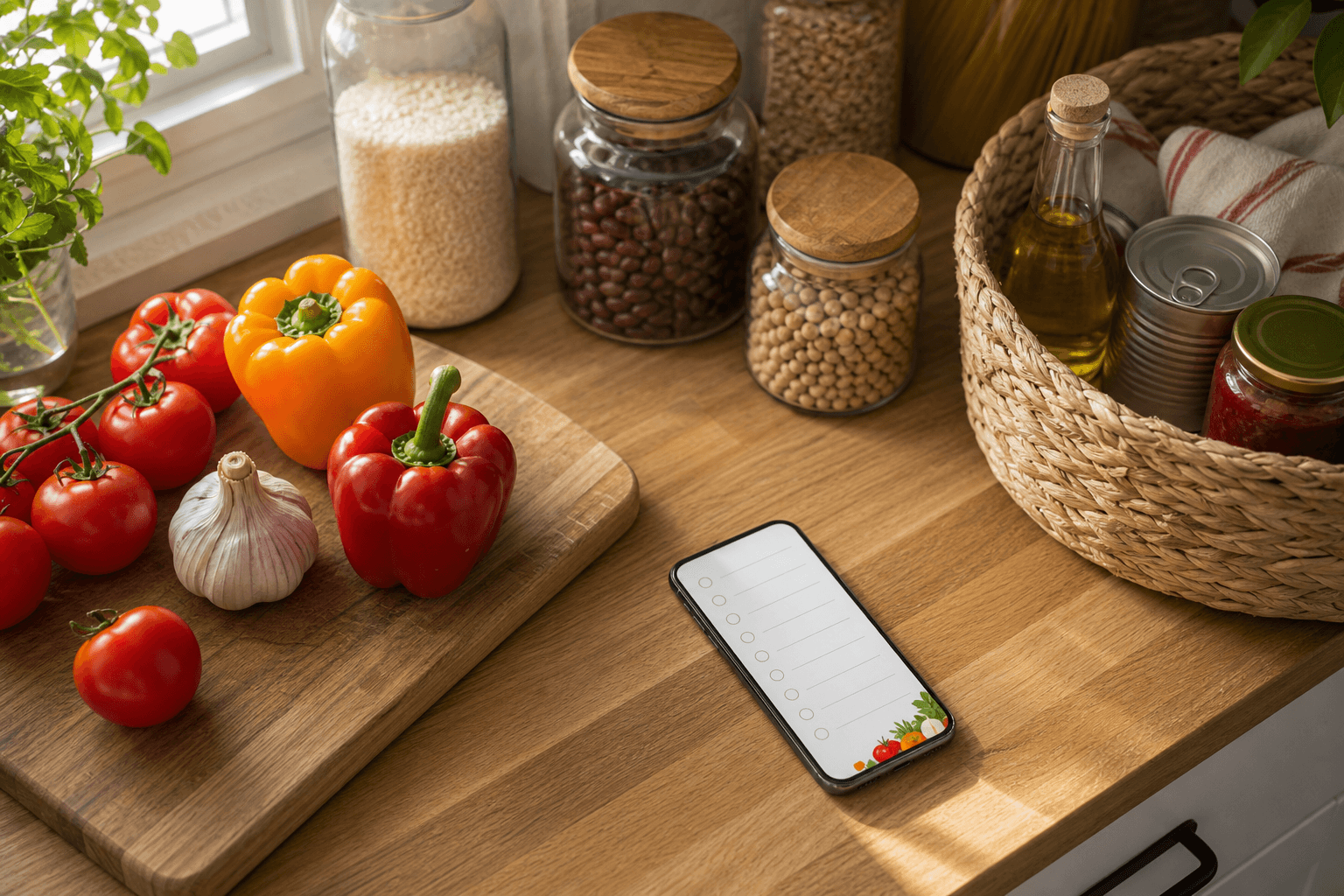 Overhead view of a home kitchen counter with fresh vegetables, pantry staples in glass jars, and a smartphone showing a grocery list, warm natural light
