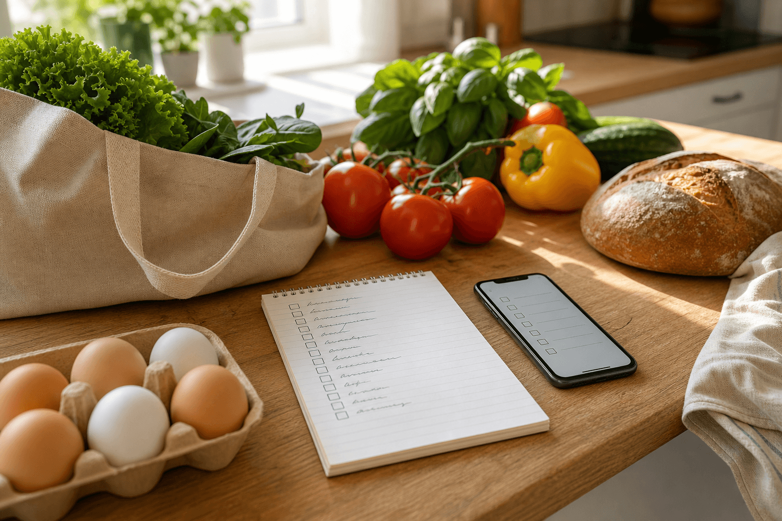 A grocery list and smartphone with a checklist app resting on a kitchen counter surrounded by fresh produce, representing budget meal planning and grocery list apps