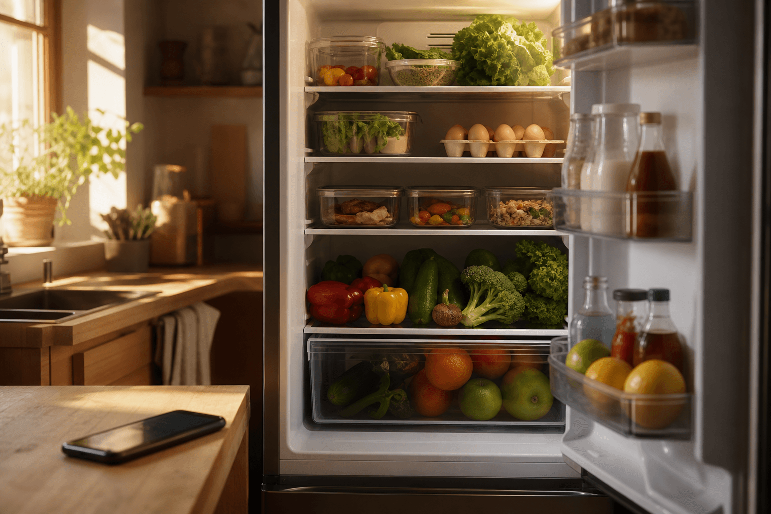 Open refrigerator stocked with fresh produce next to a smartphone on a kitchen counter, representing apps that scan a fridge and suggest recipes