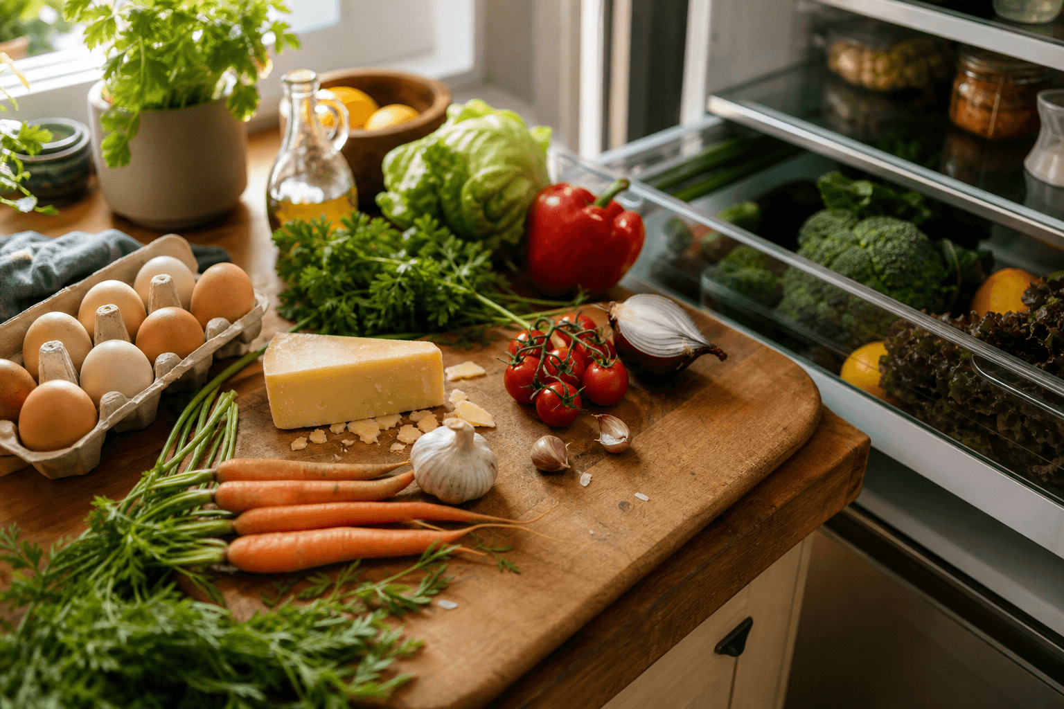 Fresh vegetables, eggs, and cheese laid out on a kitchen counter next to an open refrigerator, representing ingredients an app could match to a recipe.