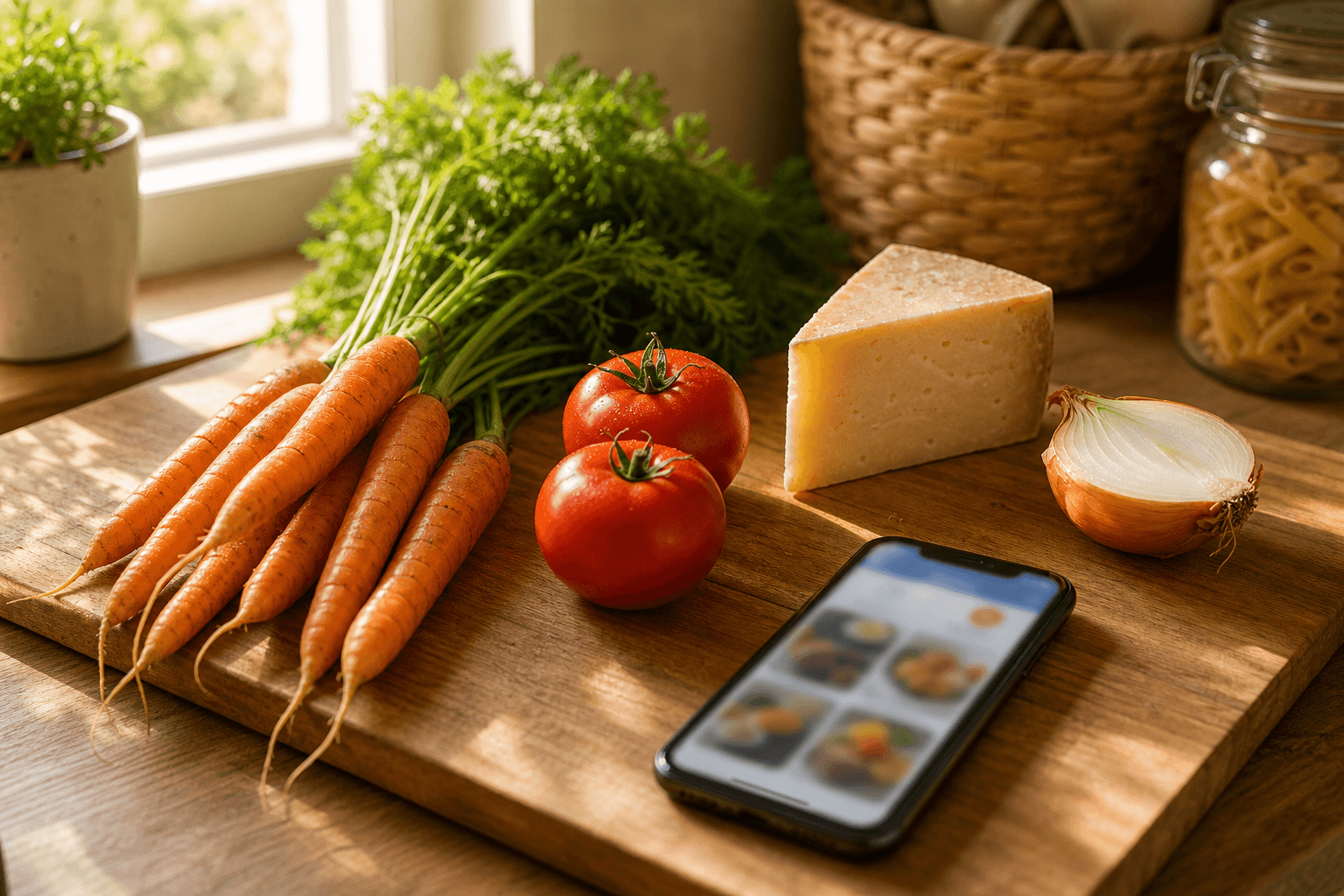 Fresh produce and a smartphone with a blurred grocery-tracking app open on a sunlit kitchen counter