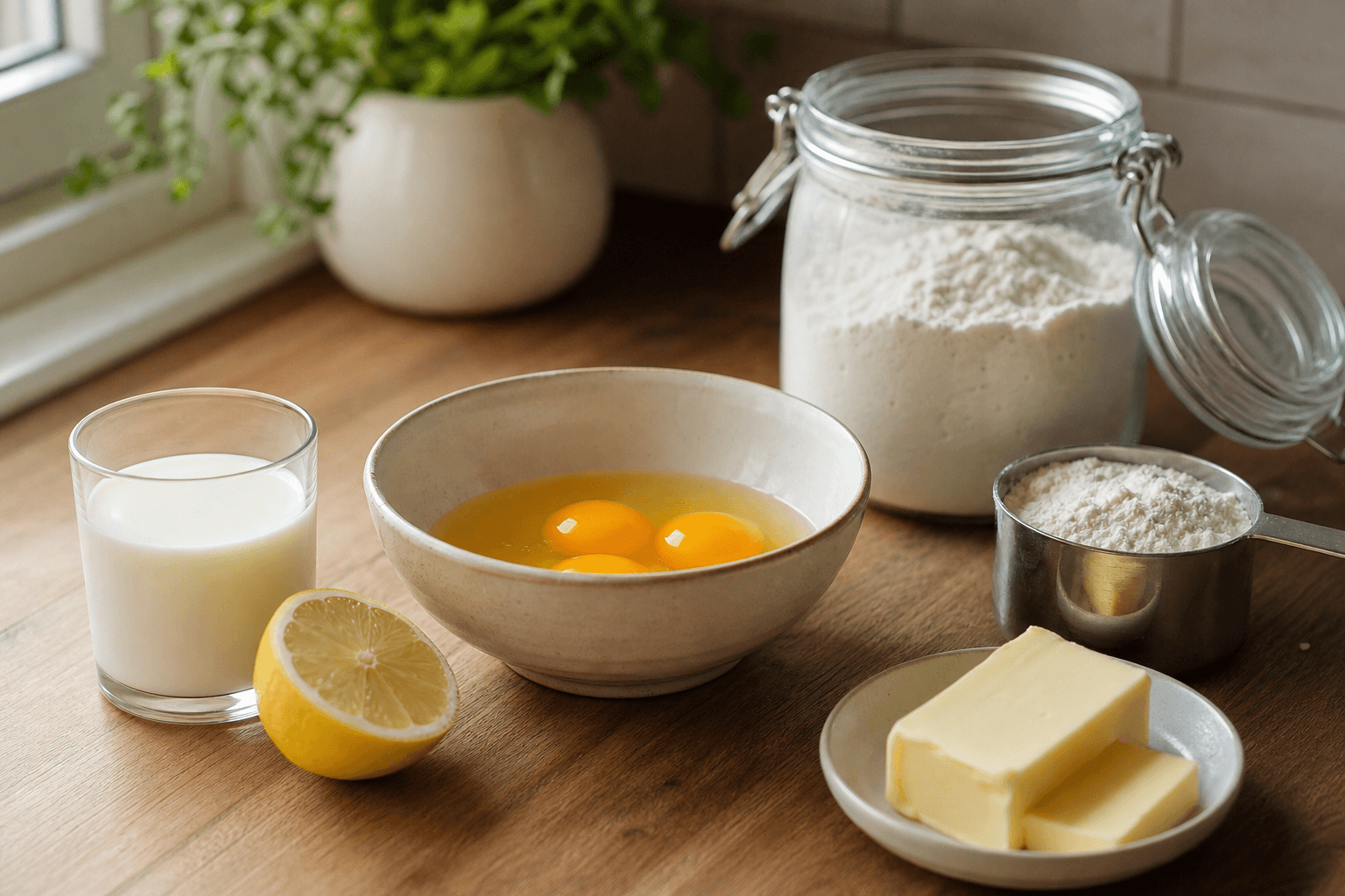 Pantry staples and fresh ingredients including flour, eggs, milk, and lemon arranged on a warm kitchen counter, representing common ingredient substitutes.
