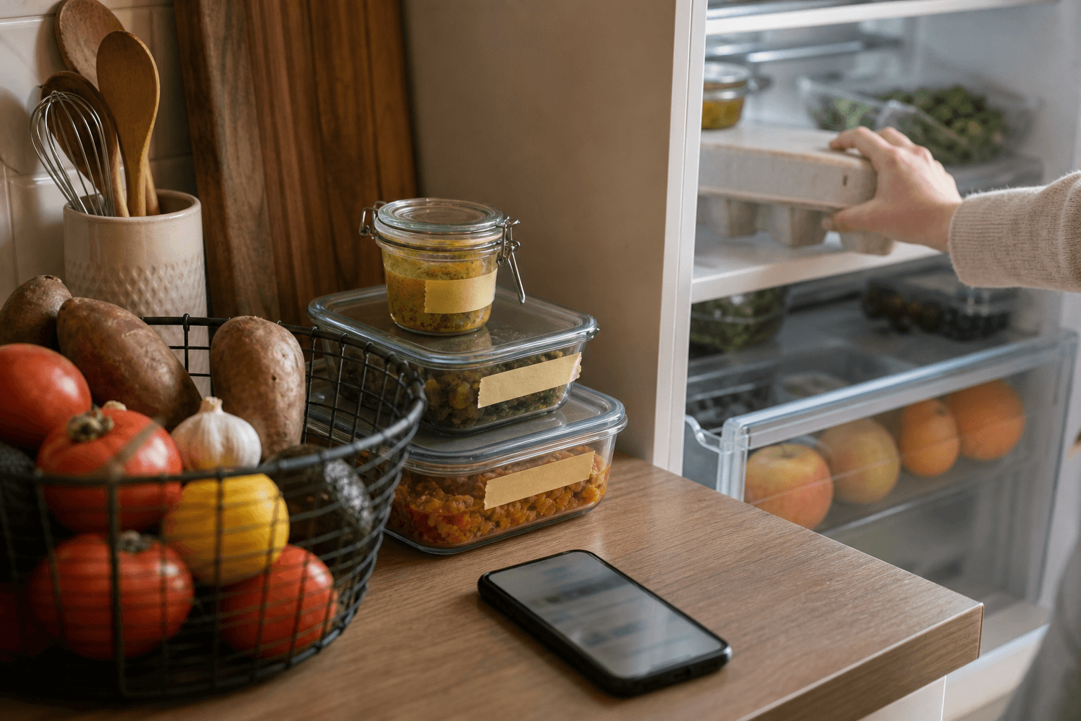 Fresh produce and labeled leftovers in an open home refrigerator next to a phone used to track food expiration dates