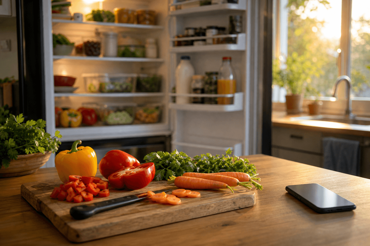 An open refrigerator stocked with fresh produce next to a kitchen counter with chopped vegetables and a smartphone, representing tracking fridge food to find recipes