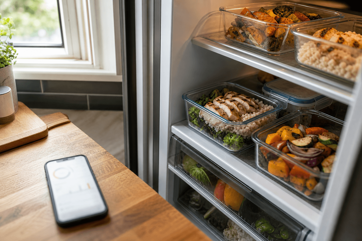 Glass containers of leftovers organized on a fridge shelf next to a smartphone showing a food tracking app