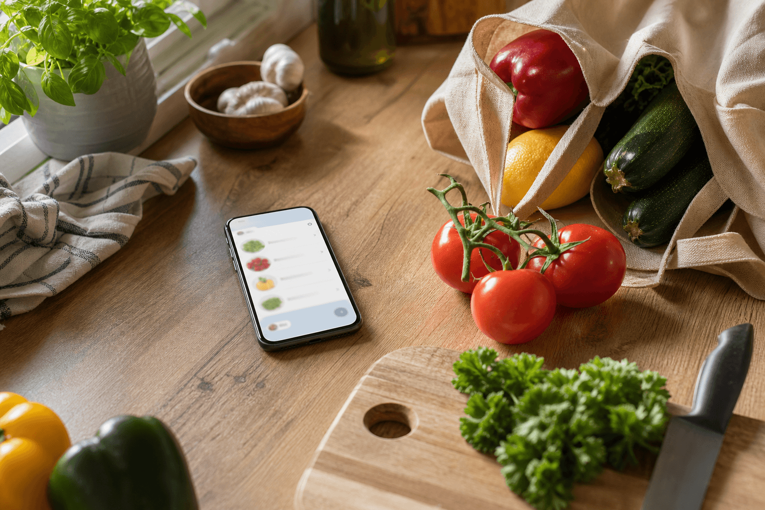 A phone showing a meal planning app on a kitchen counter next to fresh vegetables, a cutting board, and an open refrigerator stocked with food in the background