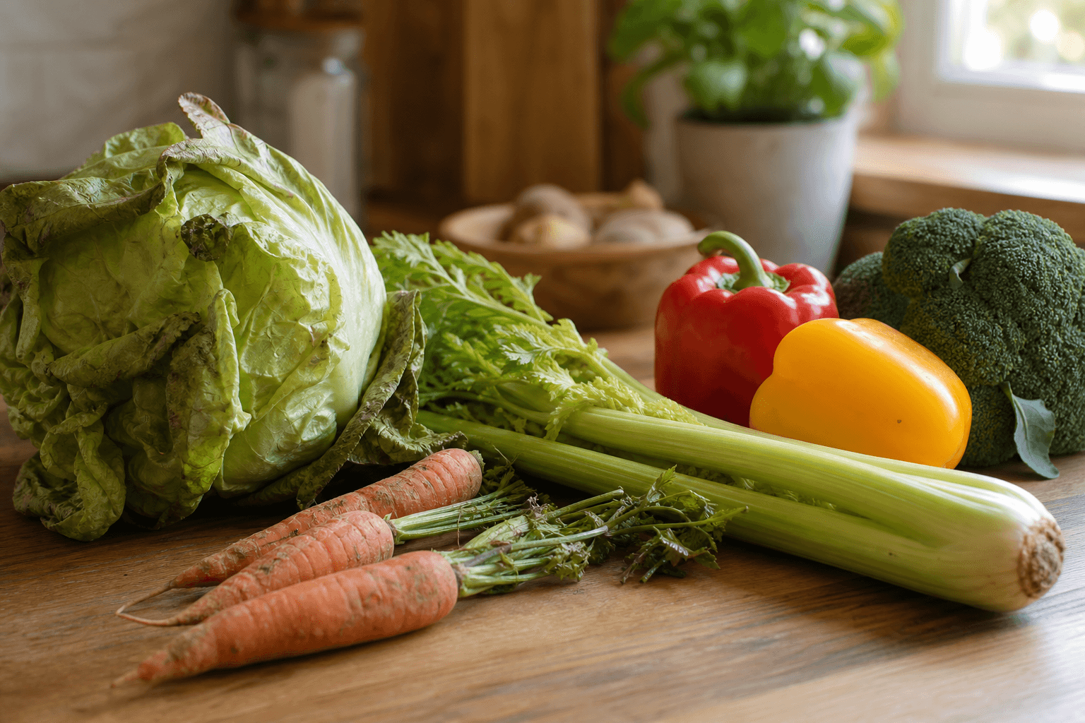 A wilted head of lettuce, limp carrots, and slightly soft celery sitting on a wooden kitchen counter in warm natural light, next to crisp fresh vegetables for comparison