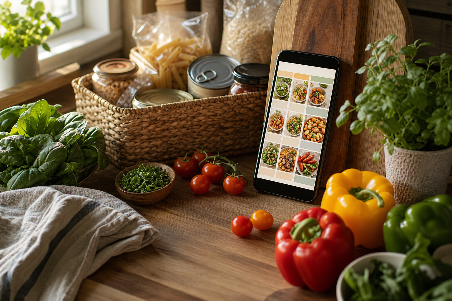 A smartphone showing a weekly meal plan on a wooden kitchen counter, surrounded by fresh vegetables and pantry staples in warm natural light