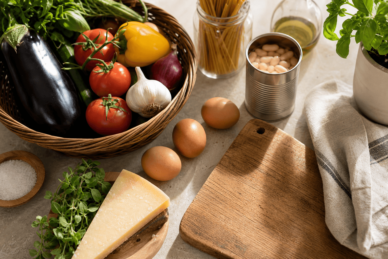 Fresh fridge and pantry ingredients arranged on a kitchen counter, representing the kind of ingredients recipe-finder apps like SuperCook and Well Stockd match into recipes.
