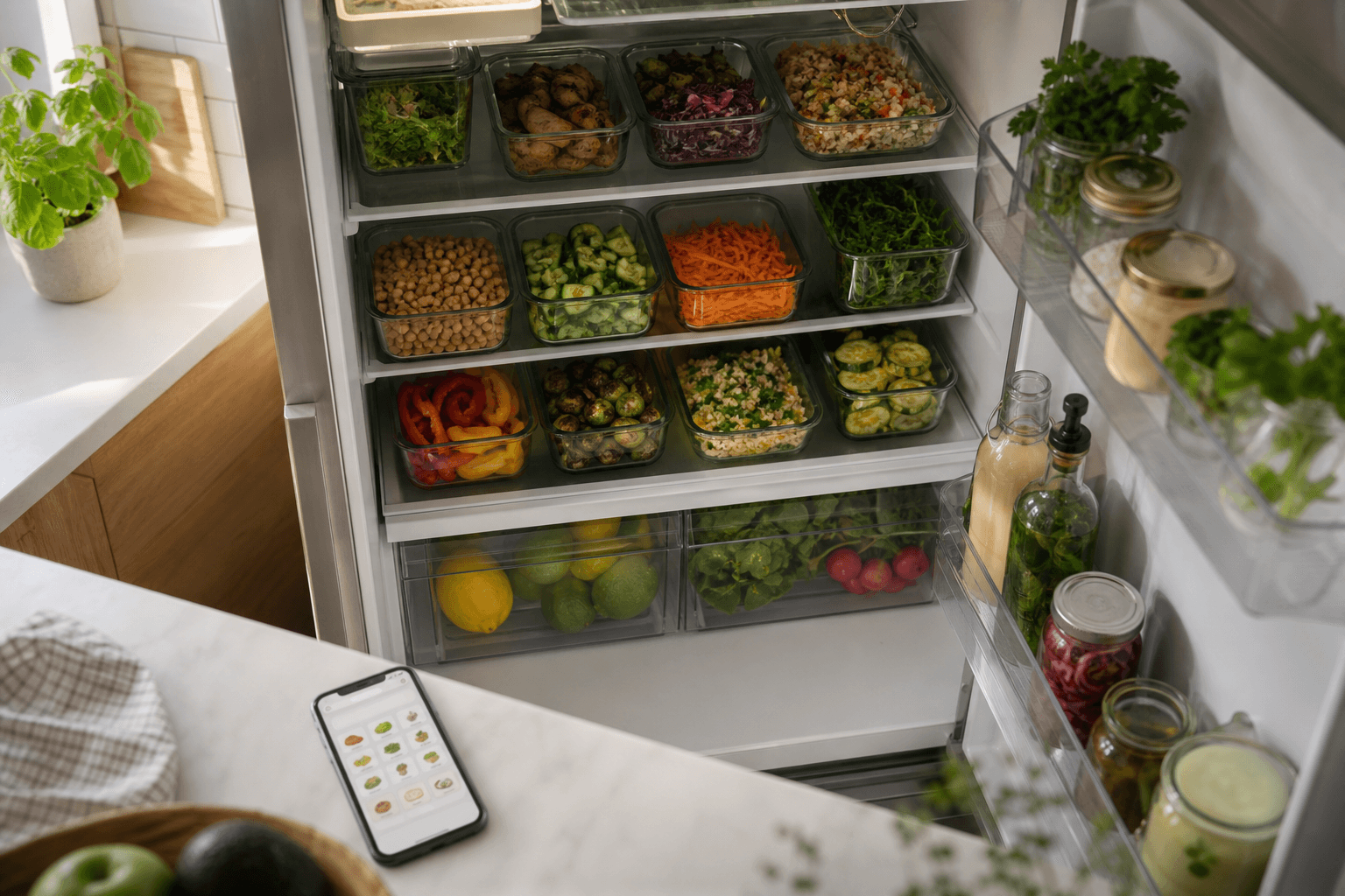Overhead view of a well-organized home refrigerator with labeled glass containers of fresh produce and leftovers, a smartphone showing a kitchen inventory app resting on the counter beside it.