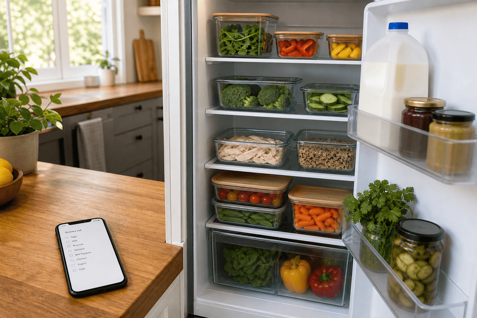 Open refrigerator with organized food containers next to a smartphone on the counter, representing a fridge inventory app