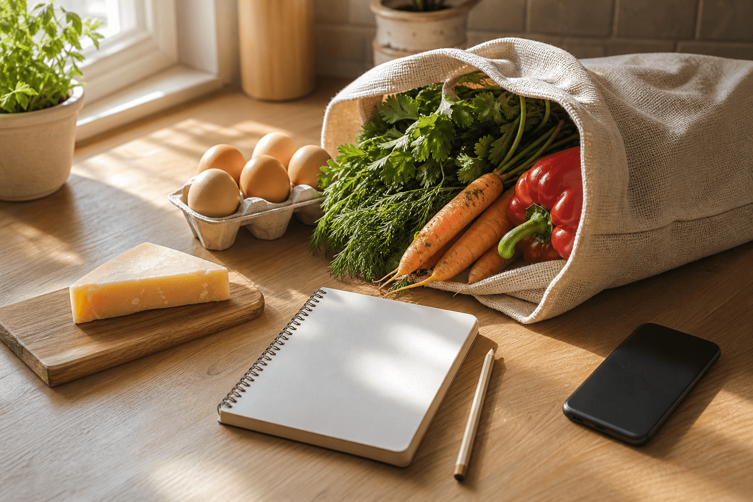 Fresh groceries, a notepad, and a shopping bag arranged on a warm sunlit kitchen counter, representing meal planning and grocery list apps.