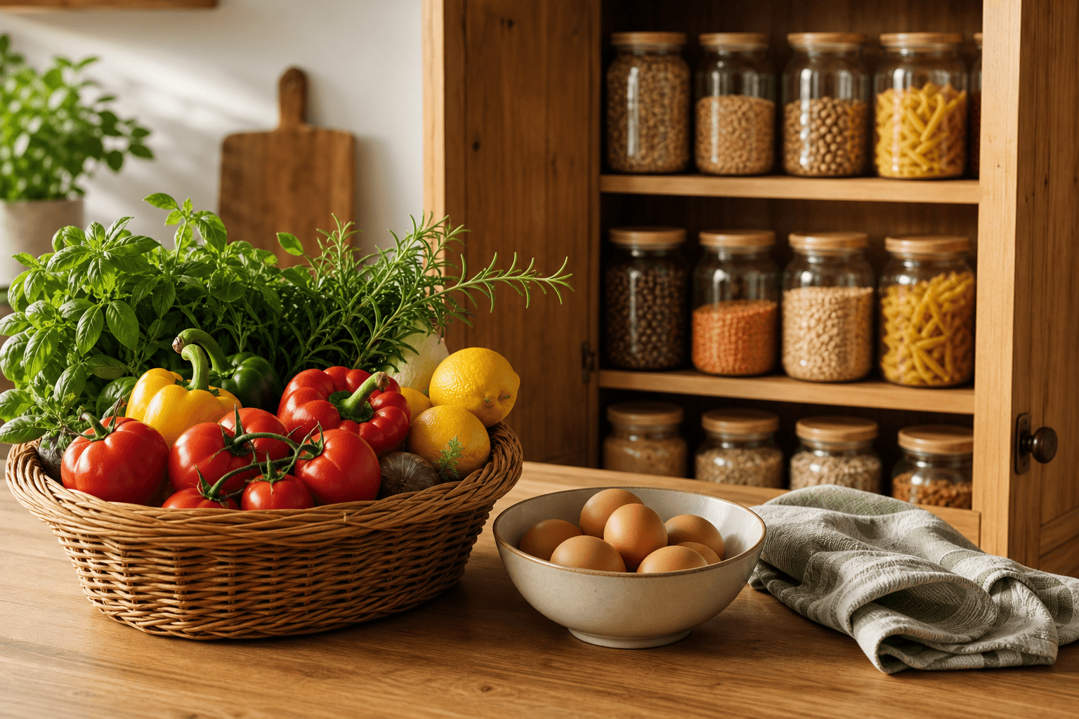 Organized kitchen pantry with glass jars and a basket of fresh produce, representing pantry tracking for meal planning apps