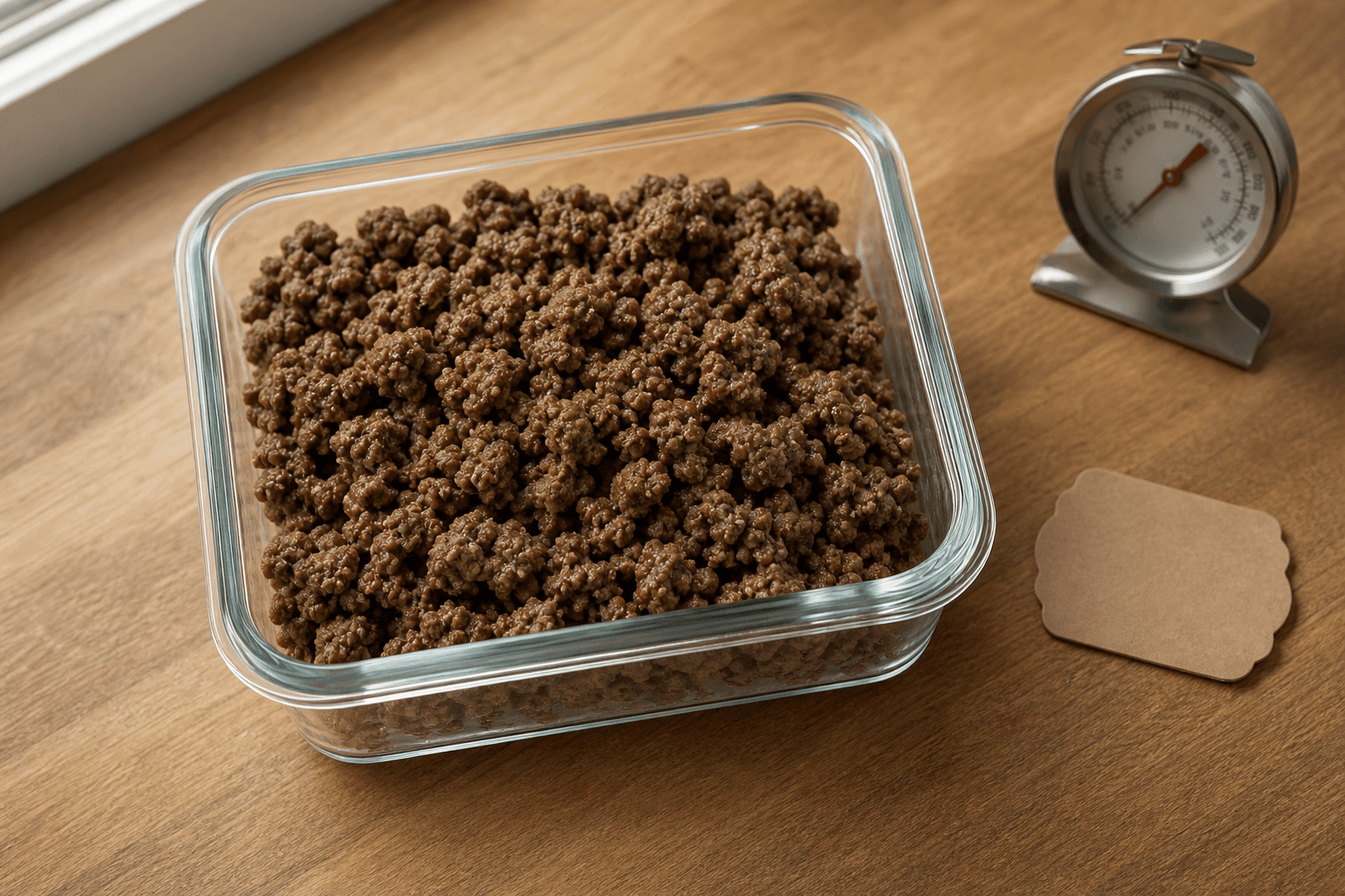A clear glass container of cooked ground beef stored in the refrigerator with a date label nearby