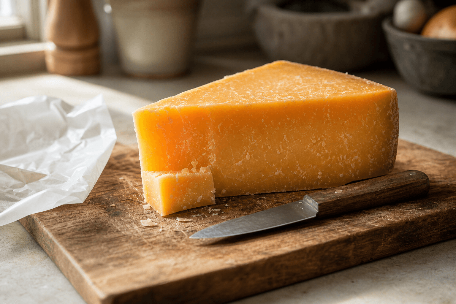 Wedge of cheddar cheese on a wooden cutting board with a paring knife trimming away a spot of mold