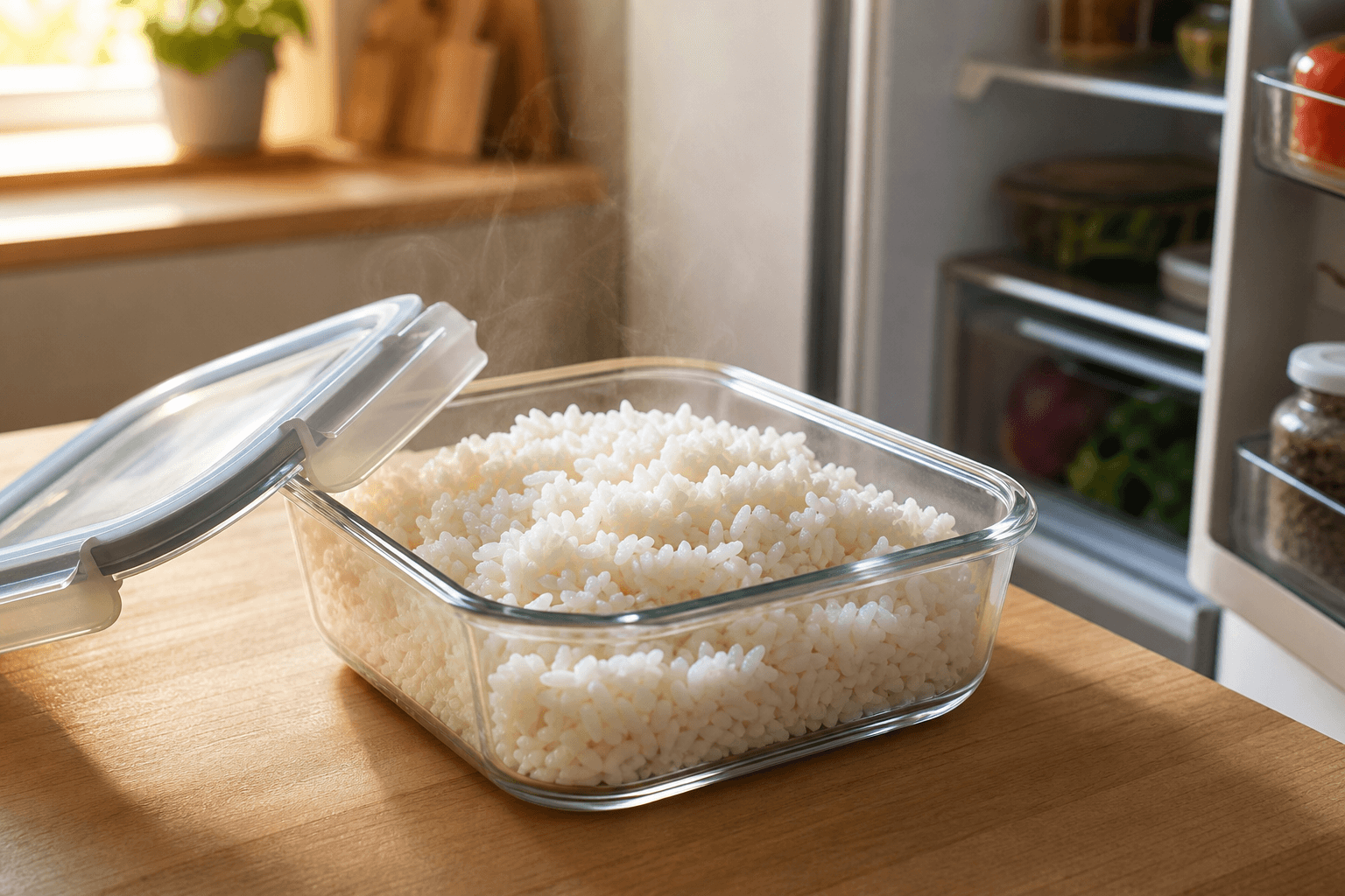 A clear glass container of fluffy cooked white rice with its lid resting beside it on a kitchen counter, ready to go into the refrigerator