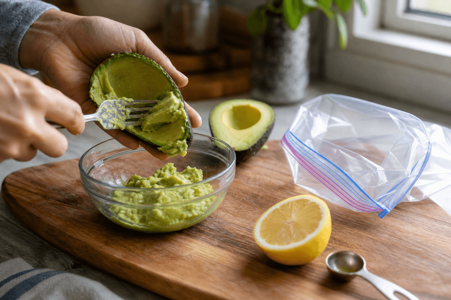 Halved ripe avocados being mashed into puree with lemon juice before packing into a freezer bag