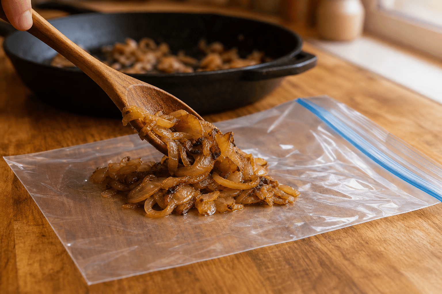 Golden caramelized onions being packed into a freezer bag on a wooden kitchen counter