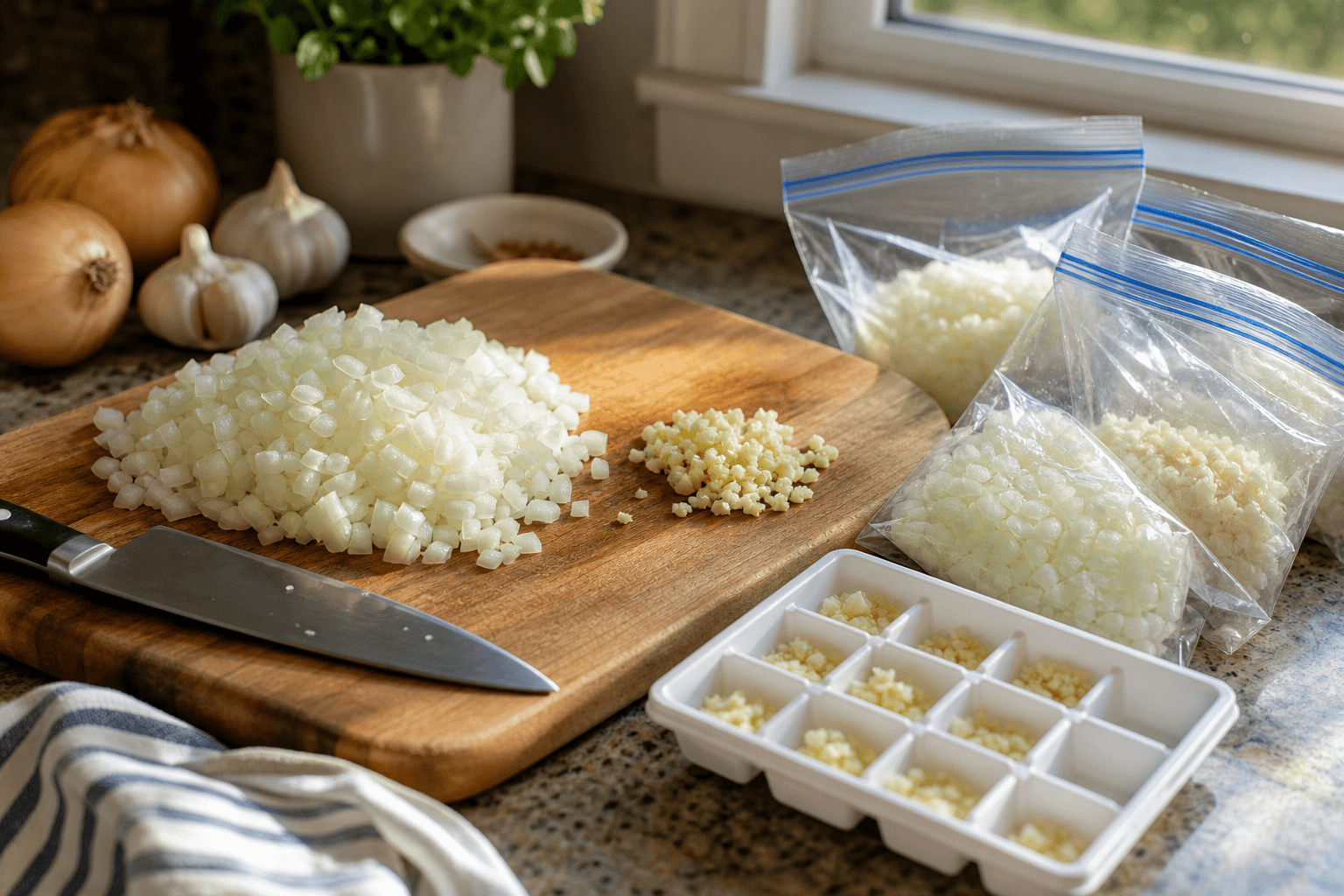 Chopped onions and minced garlic in small piles on a wooden cutting board next to open freezer bags, ready to be frozen