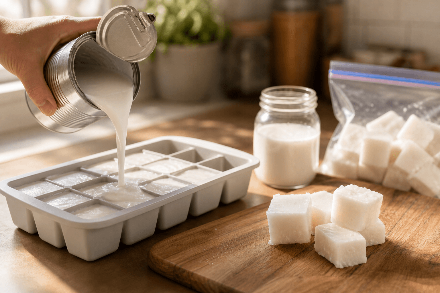Canned coconut milk being poured into a silicone ice cube tray for freezing in a home kitchen