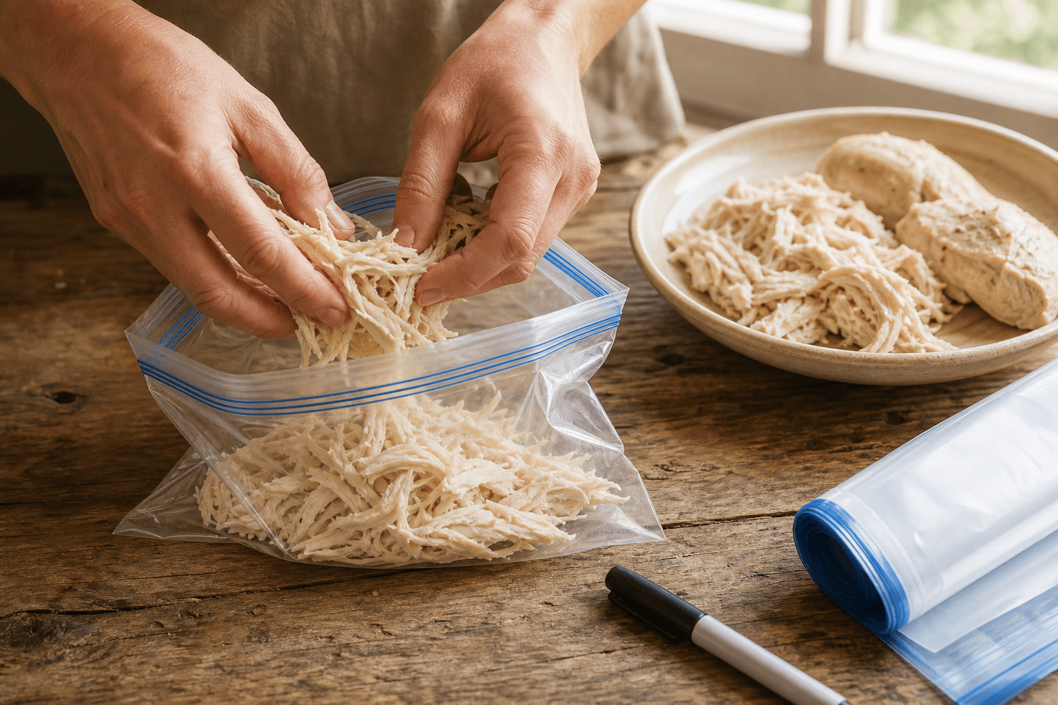 Shredded cooked chicken being packed into a freezer bag on a kitchen counter