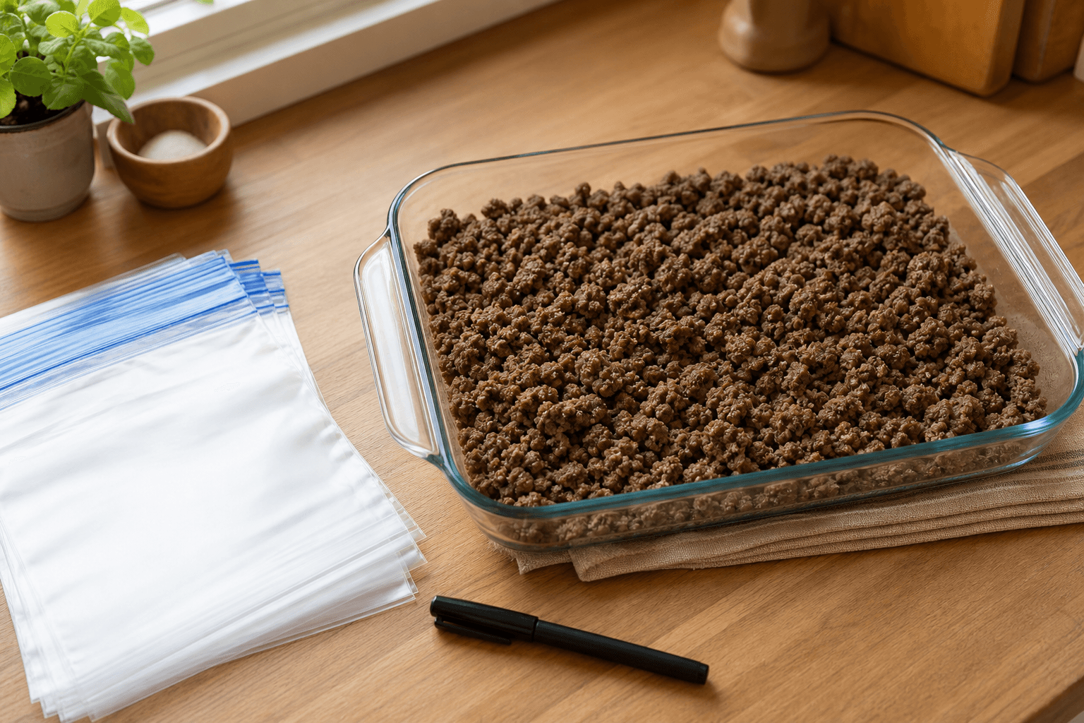 Cooked ground beef crumbles cooling in a shallow glass container on a kitchen counter before being portioned into freezer bags