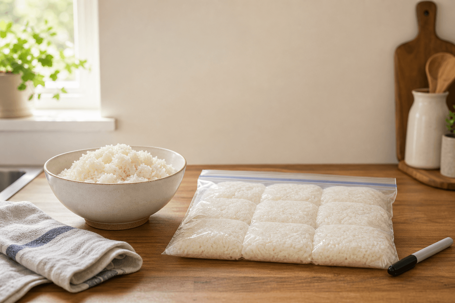 A glass meal-prep container of cooked white rice next to a labeled freezer bag of frozen rice portions on a wooden kitchen counter
