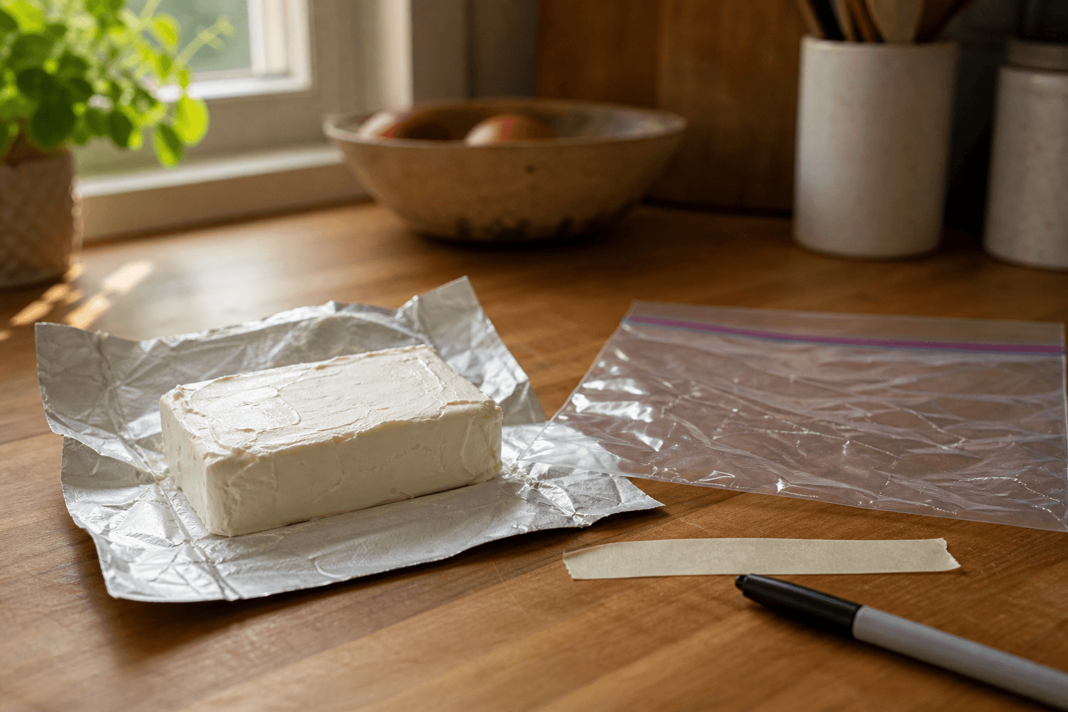 Block of cream cheese on its wrapper next to a freezer bag, being prepped for freezing
