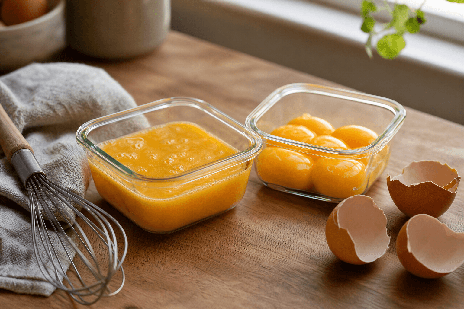 Beaten whole eggs and separated egg yolks in small freezer-safe containers on a kitchen counter, with cracked eggshells and a whisk nearby.