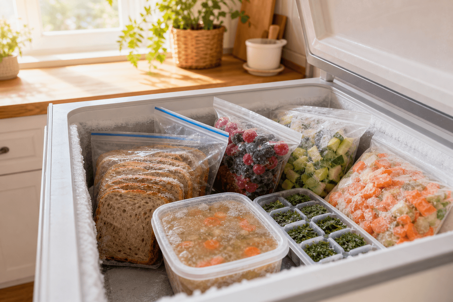 Labeled freezer bags and containers of bread, berries, herbs, and vegetables organized in a home freezer