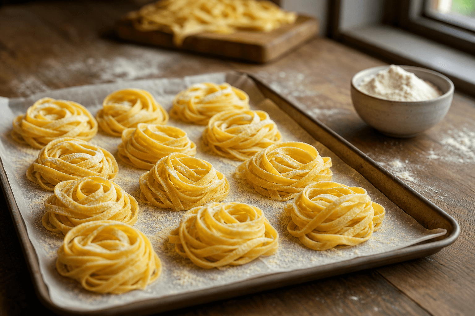 Fresh pasta nests dusted with flour on a parchment-lined tray, ready to go into the freezer