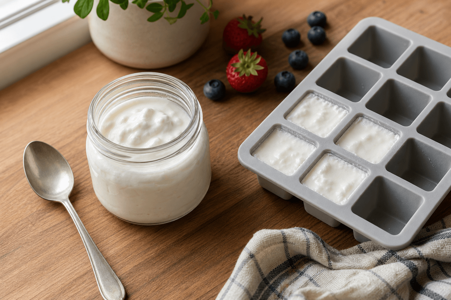 Thick greek yogurt in a glass jar next to a silicone ice cube tray with frozen yogurt portions on a wooden kitchen counter