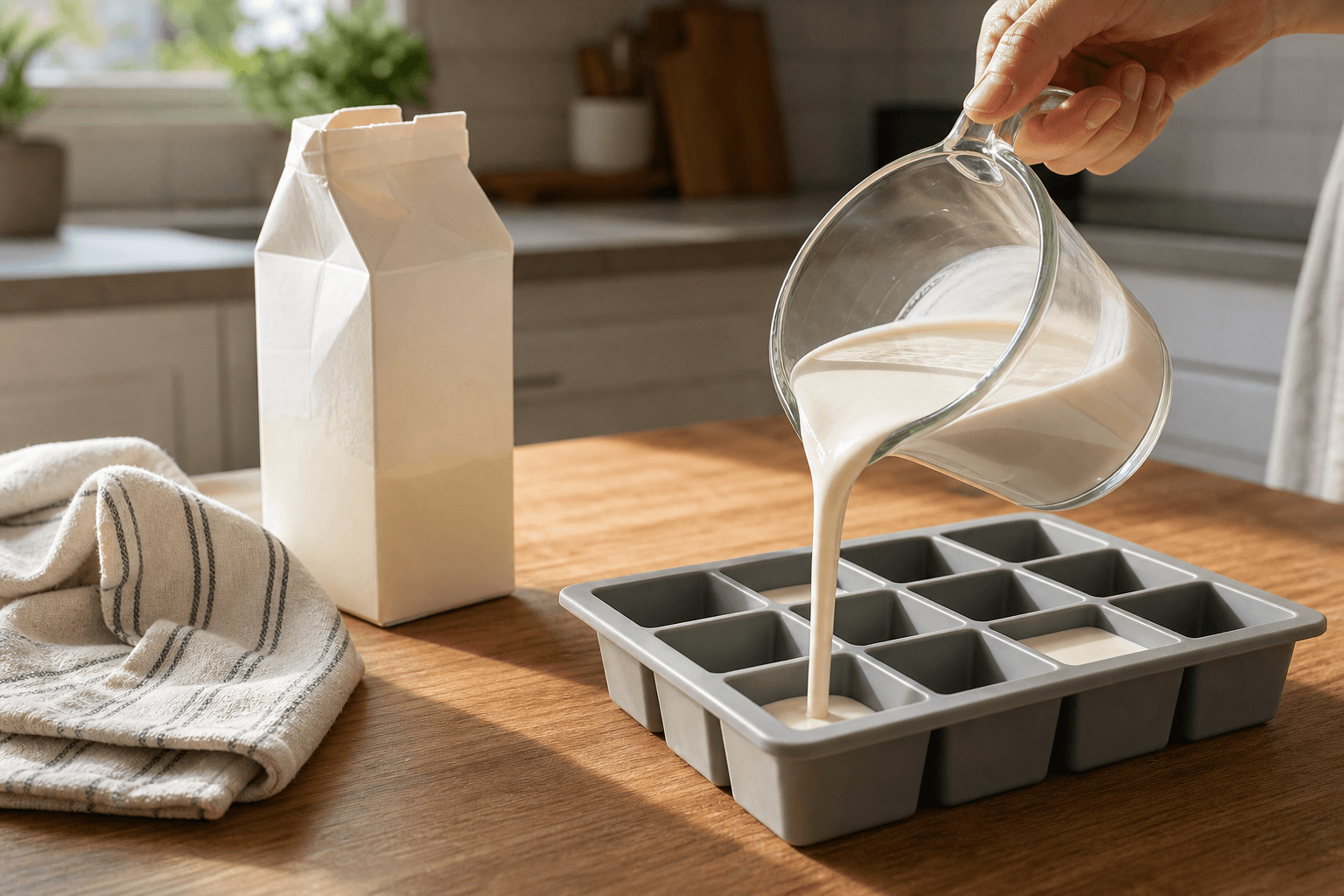 Heavy cream being poured from a glass measuring cup into an ice cube tray on a kitchen counter for freezing in small portions