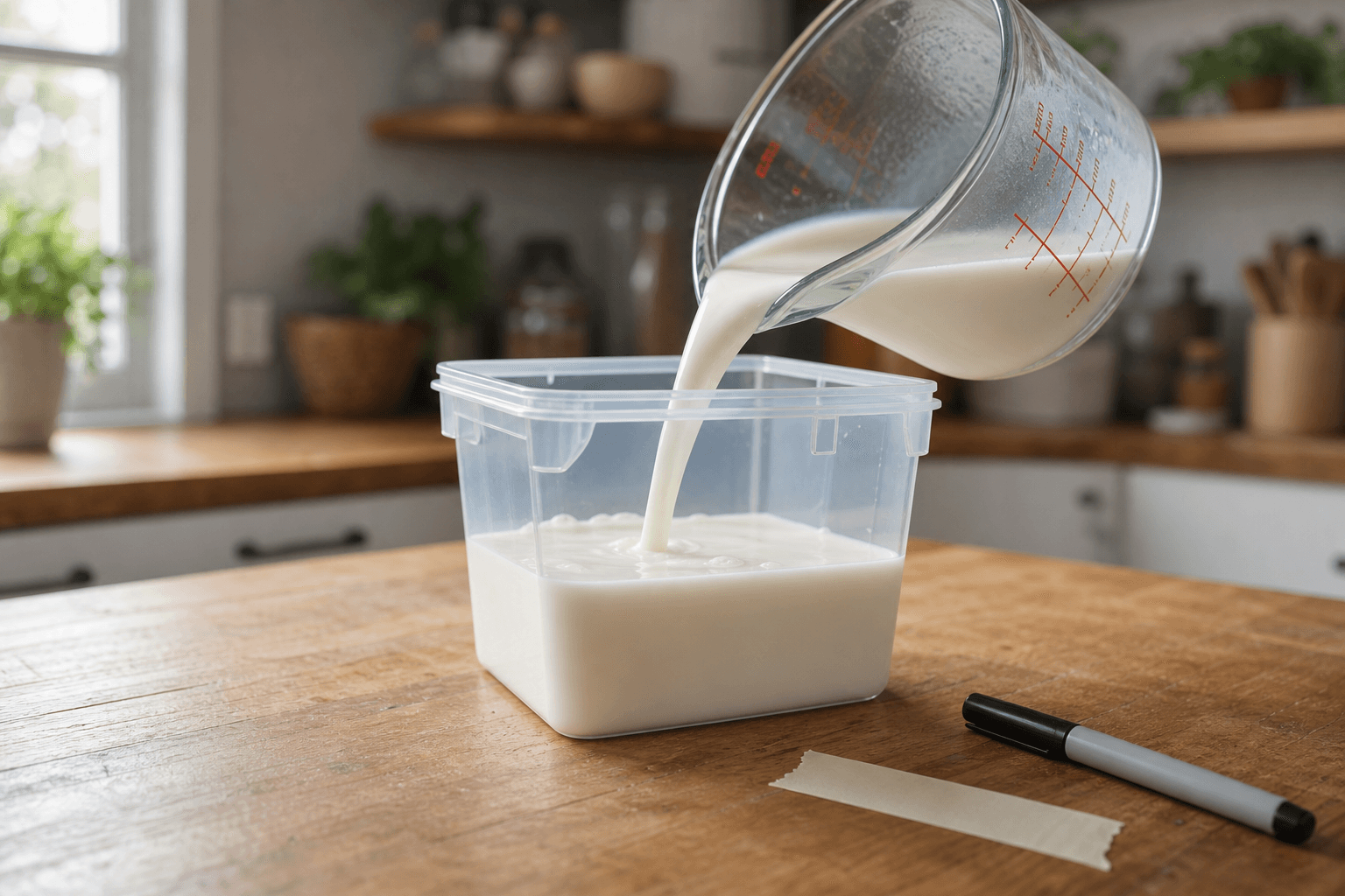 Milk being poured into a freezer safe container to be frozen on a kitchen counter