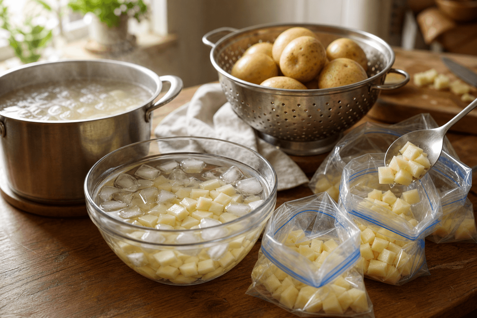 Cubed raw potatoes cooling in a bowl of ice water next to a pot of boiling water, ready to be packed into freezer bags