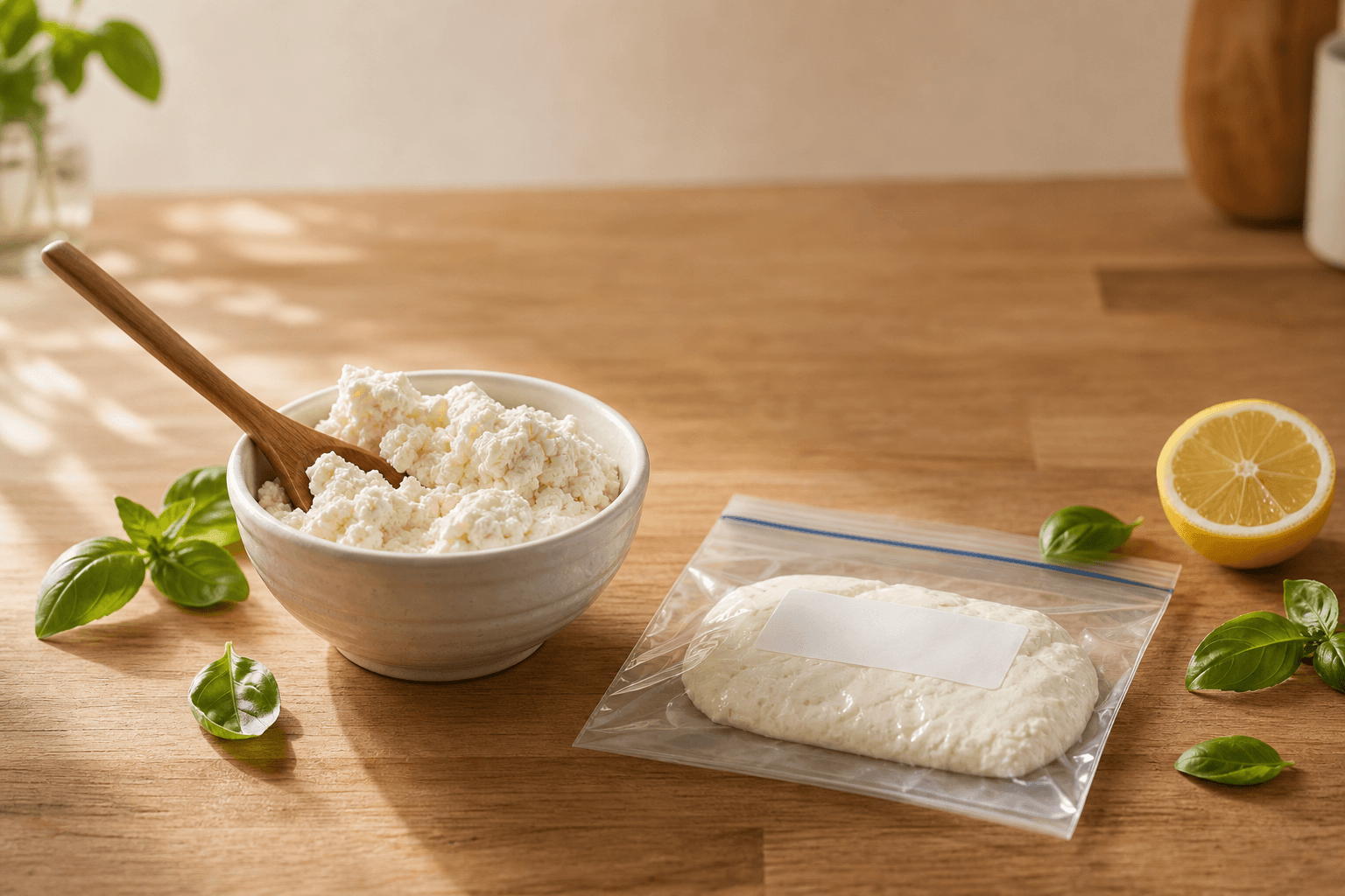 A bowl of fresh ricotta cheese next to a labeled freezer bag of portioned ricotta on a wood kitchen counter.