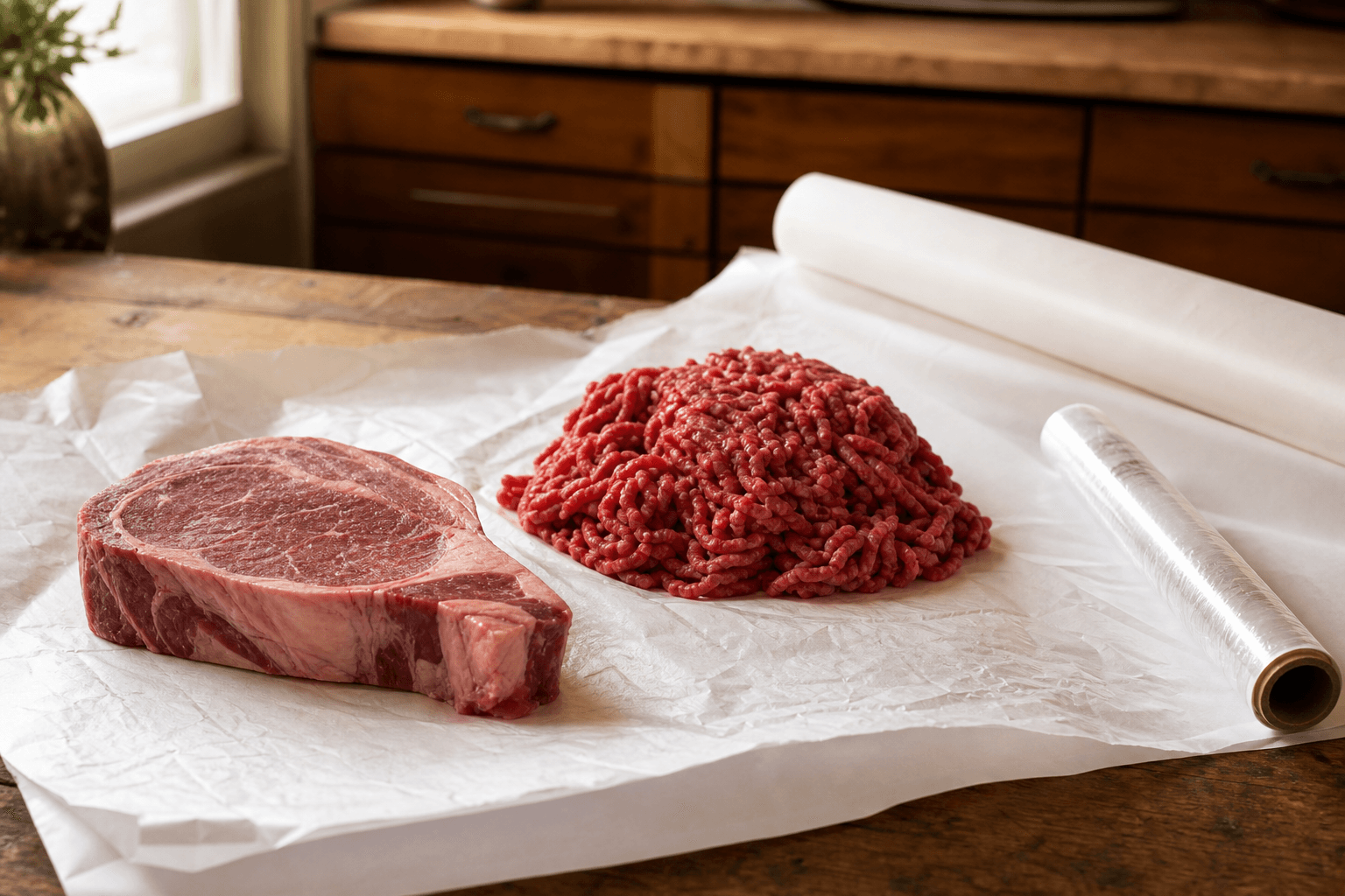 Raw steak and ground beef on butcher paper next to freezer wrap on a kitchen counter, illustrating how to freeze and refreeze thawed beef