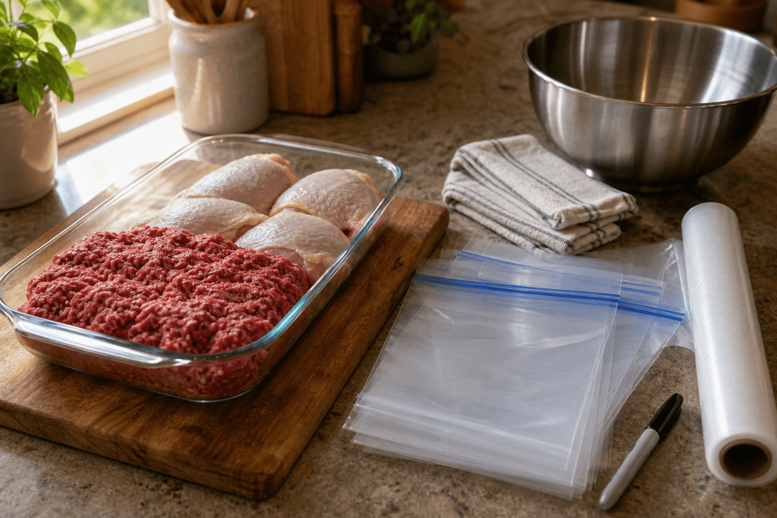 Thawed raw meat and freezer bags being packed and labeled on a kitchen counter before going back into the freezer