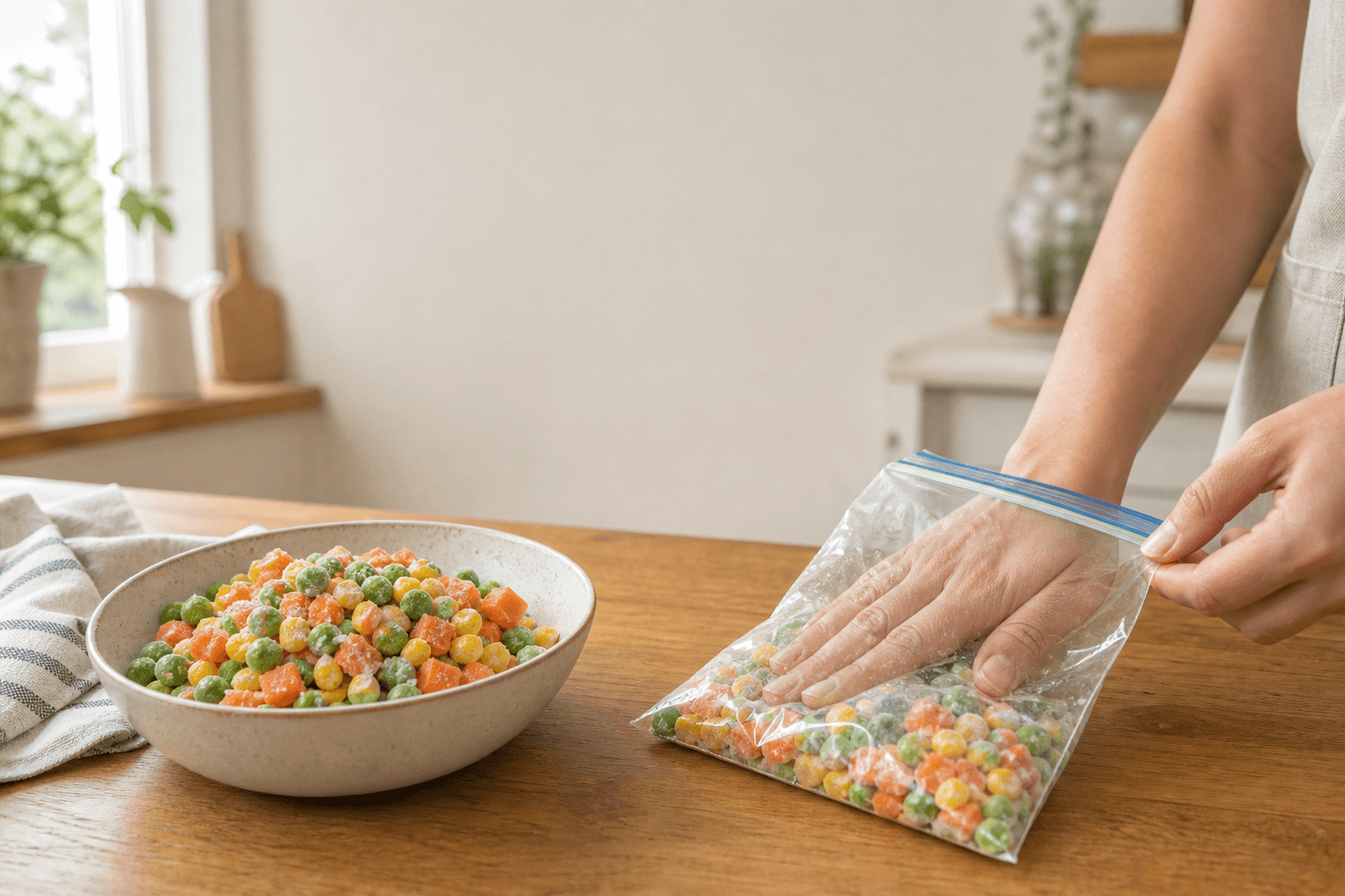 A hand packing partially thawed frozen mixed vegetables into a labeled freezer bag on a wood kitchen counter