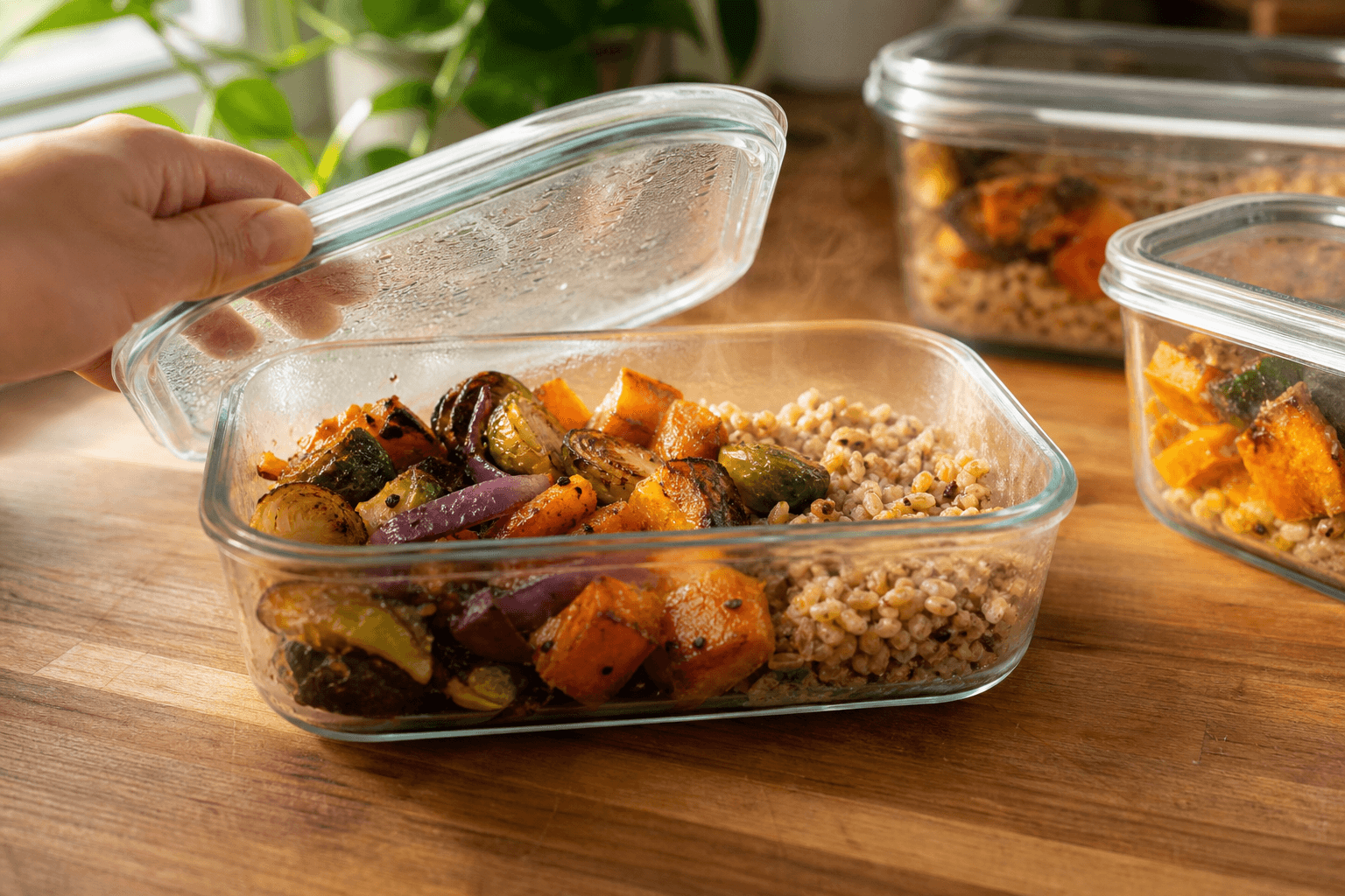 A person lifting the lid off a glass container of leftovers on a kitchen counter to check whether they have gone bad