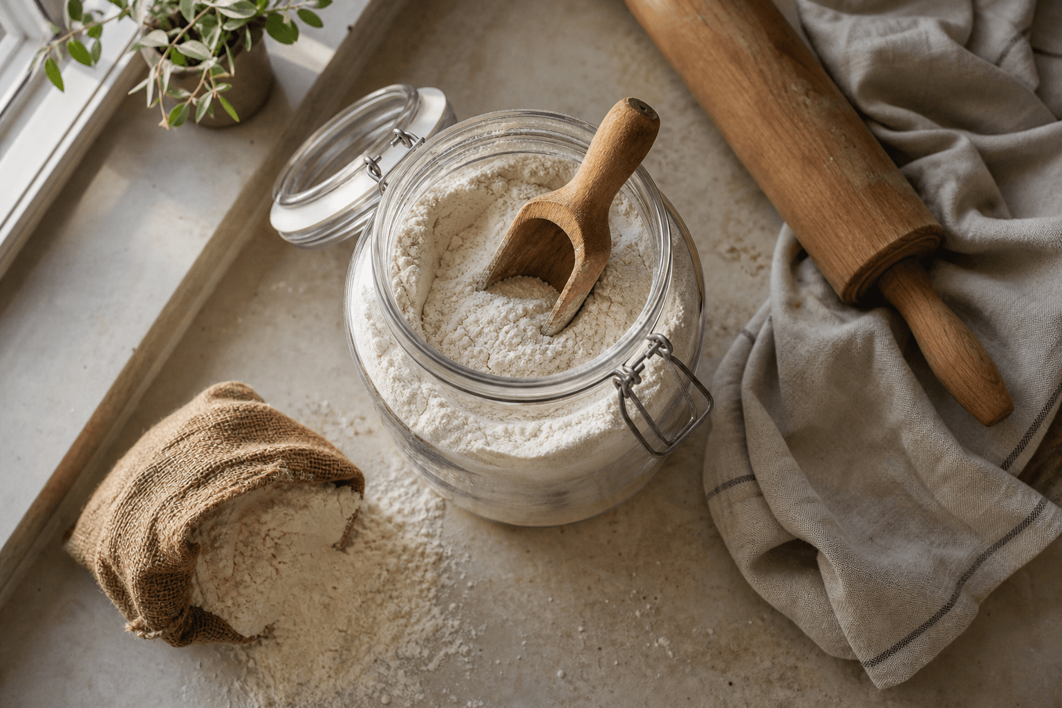 A glass jar of all-purpose flour with a wooden scoop on a sunlit kitchen counter