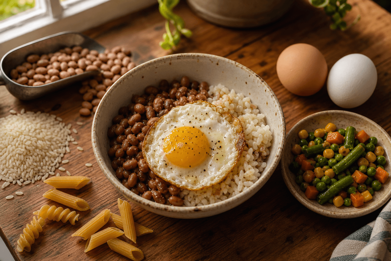 Overhead shot of a simple budget dinner of rice, beans, and a fried egg in a bowl on a wooden kitchen table, next to a small pile of pantry staples including dried rice, beans, and pasta